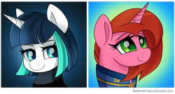 Size: 1024x548 | Tagged: safe, artist:thenornonthego, imported from derpibooru, oc, oc only, oc:cherry pin, oc:dragonfire, pony, unicorn, fallout equestria, fallout equestria: child of the stars, clothes, fallout, female, mare, smiling