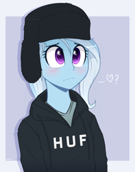 Size: 1452x1846 | Tagged: safe, artist:higgly-chan, imported from derpibooru, trixie, equestria girls, blushing, clothes, cute, diatrixes, female, hat, heart, hoodie, huf, solo, sweater