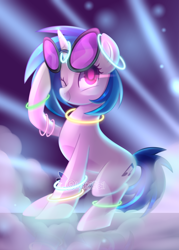 Size: 3000x4200 | Tagged: safe, artist:drawntildawn, imported from derpibooru, dj pon-3, vinyl scratch, pony, unicorn, female, glow rings, one eye closed, smiling, solo, watermark, wink