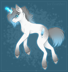 Size: 1024x1077 | Tagged: safe, artist:nerakie, imported from derpibooru, oc, oc only, oc:ice feather, pony, unicorn, abstract background, chest fluff, cutie mark, ear fluff, female, glowing horn, looking at you, mare, piercing, solo