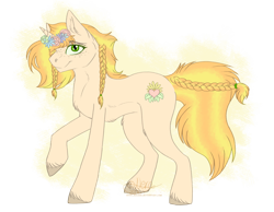 Size: 3113x2417 | Tagged: safe, artist:nerakie, imported from derpibooru, oc, oc only, oc:caramel flower, pony, unicorn, braid, chest fluff, cutie mark, ear fluff, female, floral head wreath, flower, looking at you, mare, simple background, smiling, solo, transparent background