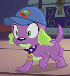 Size: 338x367 | Tagged: safe, imported from derpibooru, screencap, spike, spike the regular dog, dog, equestria girls, legend of everfree, camp everfree logo, cap, cropped, hat, male, paws, solo, spike's dog collar