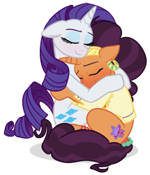 Size: 1417x1650 | Tagged: safe, artist:verumteednp, deleted from derpibooru, imported from derpibooru, rarity, saffron masala, pony, unicorn, art trade, blushing, clothes, eyes closed, female, hug, lesbian, mare, raffron, shipping, simple background, smiling, transparent background