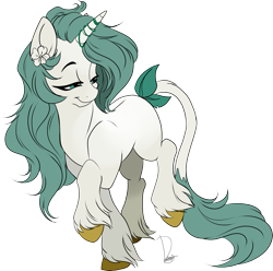 Size: 2193x2177 | Tagged: safe, artist:dormin-dim, artist:dormin-kanna, imported from derpibooru, oc, oc only, classical unicorn, pony, unicorn, female, flower, flower in hair, leonine tail, mare, simple background, smiling, transparent background, unshorn fetlocks