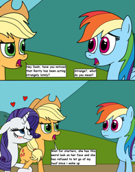 Size: 3000x3807 | Tagged: safe, artist:eagc7, imported from derpibooru, applejack, rainbow dash, rarity, earth pony, pegasus, pony, unicorn, blushing, comic, dialogue, female, heart, holding hooves, lesbian, mare, rarijack, shipping, text