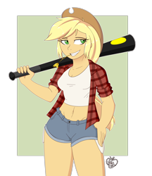 Size: 1900x2200 | Tagged: safe, artist:notenoughapples, imported from derpibooru, applejack, human, baseball bat, belly button, clothes, cowboy hat, hat, humanized, midriff, plaid shirt, shorts, smiling, stetson, tanktop