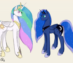 Size: 6000x5187 | Tagged: safe, artist:sydfreak2, imported from derpibooru, princess celestia, princess luna, alicorn, pony, absurd resolution, cutie mark, duo, ethereal mane, female, jewelry, looking at each other, mare, regalia, siblings, simple background, sisters, smiling, starry mane, white background