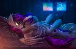 Size: 1943x1261 | Tagged: safe, artist:atlas-66, imported from derpibooru, oc, oc only, oc:herpy, oc:swirple, pegasus, pony, bed, couple, cuddling, cute, daaaaaaaaaaaw, duo, female, male, night, scp, shipping, sleeping, snuggling, straight