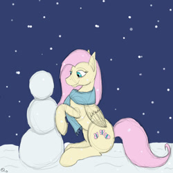 Size: 800x800 | Tagged: safe, artist:sydfreak2, imported from derpibooru, fluttershy, pegasus, pony, clothes, cutie mark, female, mare, night, scarf, smiling, snow, snowman, solo