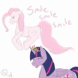 Size: 4000x4000 | Tagged: safe, artist:sydfreak2, imported from derpibooru, pinkie pie, twilight sparkle, alicorn, earth pony, ghost, pony, crown, cutie mark, duo, female, immortality blues, implied death, jewelry, mare, regalia, simple background, smile song, soul, spirit, twilight sparkle (alicorn), twilight will outlive her friends, white background