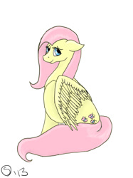 Size: 500x667 | Tagged: safe, artist:sydfreak2, imported from derpibooru, fluttershy, pegasus, pony, female, looking at you, mare, one wing out, simple background, solo, white background