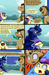 Size: 2280x3427 | Tagged: safe, artist:pridark, imported from derpibooru, doctor whooves, princess luna, time turner, oc, oc:ebony crescent, bat pony, pony, comic:new world, bat pony oc, comic, dialogue, doctor who, eyes closed, female, filly, necktie, raised hoof, smiling, speech bubble, tardis, the doctor