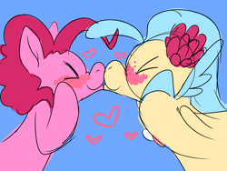 Size: 800x600 | Tagged: safe, artist:draikinator, artist:polyhexian, imported from derpibooru, pinkie pie, princess skystar, seapony (g4), my little pony: the movie, blue background, blushing, eyes closed, female, heart, kissing, lesbian, mare, shipping, simple background, skypie