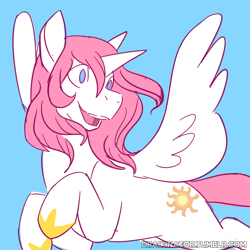 Size: 800x800 | Tagged: safe, artist:draikinator, artist:polyhexian, imported from derpibooru, princess celestia, alicorn, pony, alternate hairstyle, blue background, cutie mark, female, flying, happy, mare, missing accessory, open mouth, pink-mane celestia, simple background, solo, spread wings, wings, wrong eye color, younger