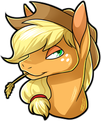 Size: 2963x3566 | Tagged: safe, artist:draikinator, artist:polyhexian, imported from derpibooru, applejack, pony, bust, female, food, freckles, hair tie, hat, lidded eyes, looking at you, mare, simple background, solo, straw in mouth, transparent background, wheat