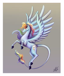 Size: 3008x3558 | Tagged: safe, artist:lalindaaa, imported from derpibooru, rainbow dash, pegasus, pony, cutie mark, female, flying, gradient background, leonine tail, looking at you, mare, realistic horse legs, smiling, smirk, solo, spread wings, wings