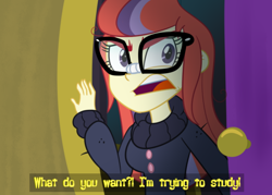 Size: 700x500 | Tagged: safe, artist:wubcakeva, imported from derpibooru, moondancer, amending fences, equestria girls, clothes, dialogue, door, equestria girls interpretation, equestria girls-ified, female, glasses, house, open mouth, scene interpretation, solo, sweater, wubcake