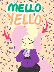 Size: 600x800 | Tagged: safe, artist:dragonpone, derpibooru exclusive, imported from derpibooru, fluttershy, pegasus, pony, '90s, blush sticker, blushing, cd, clothes, cute, eyes closed, female, hoodie, mare, mello yello, nsync, skirt, smiling, solo