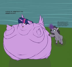 Size: 1280x1183 | Tagged: safe, artist:astr0zone, imported from derpibooru, oleander, twilight sparkle, alicorn, unicorn, them's fightin' herds, belly, bingo wings, burp, community related, dark magic, duo, fat, floppy ears, glowing horn, huge belly, impossibly large belly, inflating, inflation, large belly, magic, neck roll, oleander (tfh), permanent, twiblimp sparkle, twilight sparkle (alicorn), underhoof