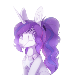 Size: 1026x1075 | Tagged: safe, artist:sararini, imported from derpibooru, oc, oc only, pony, unicorn, big ears, commission, ethereal mane, female, hair tie, mare, peytral, ponytail, simple background, smiling, solo, starry mane, white background