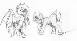 Size: 1024x543 | Tagged: safe, artist:mindlesssketching, imported from derpibooru, oc, oc only, oc:kieran, oc:serrano, bat pony, earth pony, pony, amputee, glasses, male, monochrome, prosthetic limb, prosthetics, stallion, traditional art