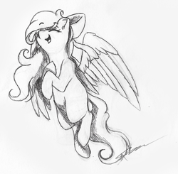 Size: 1024x1002 | Tagged: safe, artist:mindlesssketching, imported from derpibooru, oc, oc only, oc:pastelle song, pegasus, pony, bow, female, hair bow, happy, mare, monochrome, solo, traditional art