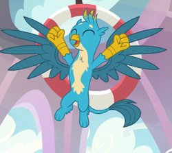 Size: 605x540 | Tagged: safe, imported from derpibooru, screencap, gallus, griffon, school daze, claws, cropped, cute, eyes closed, gallabetes, happy, majestic, male, paws, smiling, spread wings, wings, yay