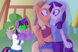 Size: 5243x3495 | Tagged: safe, artist:sergeant16bit, imported from derpibooru, applejack, rarity, twilight sparkle, alicorn, anthro, earth pony, pony, unicorn, boob squish, breast squish, breasts, dark magic, female, forced, forced kiss, forced lesbian, grin, kiss on the lips, kissing, lesbian, magic, magic abuse, now kiss, rarijack, shipper on deck, shipping, smiling, sombra eyes, spread wings, symmetrical docking, trio, twilight sparkle (alicorn), twilight the shipper, wingboner, wings