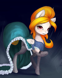 Size: 2500x3118 | Tagged: safe, artist:oneofyouare, imported from derpibooru, oc, oc only, oc:storm shield, pegasus, pony, blushing, clothes, dress, female, fishnets, looking at you, mare, raised hoof, simple background, solo