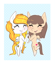 Size: 2038x2407 | Tagged: artist needed, safe, imported from derpibooru, oc, oc only, oc:honeyblossom, oc:storm shield, anthro, pegasus, cute, duo, duo female, female, simple background