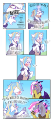 Size: 1024x2304 | Tagged: safe, artist:loryska, imported from derpibooru, oc, oc:moondancer, oc:pandora, draconequus, hybrid, unicorn, pandoraverse, blushing, cloak, clothes, comic, crying, female, interspecies offspring, laughing, magic, male, next generation, offspring, parent:discord, parent:prince blueblood, parent:trixie, parent:twilight sparkle, parents:bluetrix, parents:discolight, stallion, stifling laughter, tears of laughter