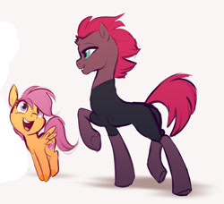 Size: 1038x945 | Tagged: safe, artist:imalou, edit, imported from derpibooru, scootaloo, tempest shadow, pegasus, pony, unicorn, my little pony: the movie, broken horn, butt, cropped, cute, cutealoo, duo, excited, female, filly, grin, happy, lidded eyes, looking up, mare, no armor, plot, pronking, raised hoof, raised leg, simple background, smiling, underhoof, walking, white background