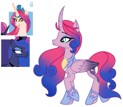 Size: 1431x1239 | Tagged: safe, artist:symphstudio, artist:xxmissteaxx, imported from derpibooru, princess amore, princess luna, oc, alicorn, pony, curved horn, female, lunamore, magical lesbian spawn, mare, offspring, parent:princess amore, parent:princess luna, parents:lunamore, simple background, transparent background