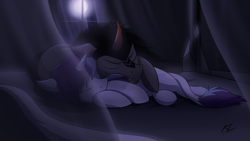 Size: 3839x2159 | Tagged: safe, artist:draft the filmmaker, artist:draftthefilmmaker-kl, imported from derpibooru, king sombra, oc, oc:crystal dawn, pony, unicorn, canon x oc, cuddling, dawnbra, female, high res, male, mare, night, straight