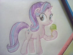 Size: 1196x897 | Tagged: safe, artist:oshitsukiryuu, imported from derpibooru, starlight glimmer, pony, unicorn, female, food, ice cream, smiling, solo, traditional art