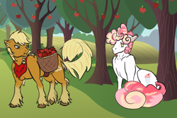 Size: 1024x683 | Tagged: safe, artist:cmgm-gem, imported from derpibooru, oc, oc only, oc:ginger apple, oc:sprinkle pie, earth pony, pony, unicorn, apple, apple tree, female, food, mare, offspring, parent:applejack, parent:donut joe, parent:pinkie pie, parent:trenderhoof, parents:pinkiejoe, parents:trenderjack, story included, tree, unshorn fetlocks