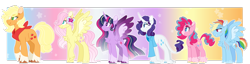 Size: 1600x412 | Tagged: safe, artist:leviostars, imported from derpibooru, applejack, fluttershy, pinkie pie, rainbow dash, rarity, twilight sparkle, alicorn, pony, alternate design, chest fluff, clothes, colored wings, gradient wings, mane six, scar, shirt, spread wings, twilight sparkle (alicorn), wings