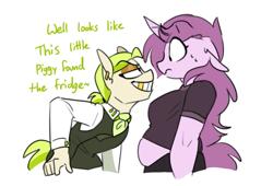 Size: 763x519 | Tagged: safe, artist:redxbacon, imported from derpibooru, oc, oc only, oc:golden keylime, oc:mulberry tart, anthro, unicorn, chubby, ear piercing, eyeliner, female, gold tooth, makeup, piercing