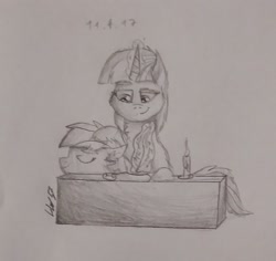 Size: 1642x1548 | Tagged: safe, artist:lw9510, artist:rbd9510, imported from derpibooru, rainbow dash, twilight sparkle, candle, cute, female, lesbian, levitation, magic, petting, quill, shipping, smiling, telekinesis, traditional art, twidash