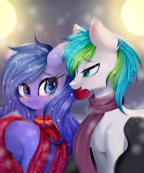 Size: 3000x3600 | Tagged: safe, artist:silvia-zero, imported from derpibooru, oc, oc only, oc:looic, oc:shadow blue, bat pony, earth pony, pony, bat pony oc, blushing, chest fluff, clothes, commission, cutie mark, dress, ear fluff, female, floppy ears, heart, leg fluff, love, male, mare, mouth hold, not luna, oc x oc, open mouth, red dress, save, scarf, shadooic, shipping, shoulder fluff, stallion, straight, wing fluff