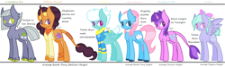Size: 3584x1072 | Tagged: safe, artist:razorbladetheunicron, imported from derpibooru, amethyst star, fleetfoot, flitter, limestone pie, lotus blossom, saffron masala, sparkler, earth pony, pegasus, pony, unicorn, lateverse, alternate design, alternate universe, bandana, base used, bow, clothes, colored hooves, cutie mark, deer tail, group, height difference, height scale, jacket, jewelry, leonine tail, long tail, shirt, wonderbolts