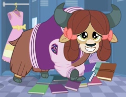 Size: 829x640 | Tagged: safe, imported from derpibooru, yona, yak, spoiler:s08, book, clothes, dress, female, jacket, letterman jacket, solo, varsity jacket