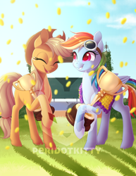 Size: 600x776 | Tagged: safe, artist:peridotkitty, artist:silkensaddle, imported from derpibooru, applejack, rainbow dash, earth pony, pegasus, pony, cowboy hat, duo, eyes closed, female, goggles, hat, mare, smiling, trophy, watermark