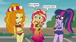 Size: 1920x1076 | Tagged: safe, artist:3d4d, artist:imperfectxiii, artist:jake-brithgside, edit, edited screencap, imported from derpibooru, screencap, vector edit, adagio dazzle, sci-twi, sunset shimmer, twilight sparkle, equestria girls, equestria girls series, x marks the spot, blush sticker, blushing, clothes, dialogue, floral head wreath, flower, glasses, speech bubble, swimsuit, vector