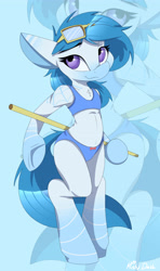 Size: 2696x4555 | Tagged: safe, artist:mistydash, imported from derpibooru, oc, oc only, oc:melony, pony, semi-anthro, bipedal, blue underwear, bra, bra on pony, chest fluff, clothes, crop top bra, female, looking at you, panties, ribbon, solo, standing, underwear, zoom layer