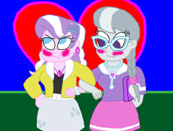 Size: 2200x1676 | Tagged: safe, artist:bigpurplemuppet99, imported from derpibooru, diamond tiara, silver spoon, equestria girls, blushing, clothes, female, glasses, heart, lesbian, looking away, shipping, silvertiara