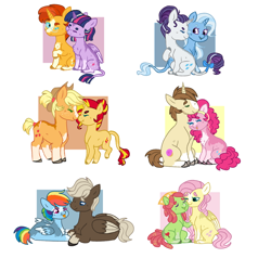 Size: 1024x1024 | Tagged: safe, artist:flinksea, imported from derpibooru, applejack, donut joe, dumbbell, fluttershy, pinkie pie, rainbow dash, rarity, sunburst, sunset shimmer, tree hugger, trixie, twilight sparkle, alicorn, classical unicorn, earth pony, pegasus, pony, unicorn, :p, appleshimmer, beanbrows, boop, bow, chest fluff, cloven hooves, colored wings, colored wingtips, cowboy hat, dumbdash, eyebrows, female, flutterhugger, glasses, hat, leonine tail, lesbian, male, mare, neck nuzzle, noseboop, pinkiejoe, rarixie, shipping, silly, stallion, story included, straight, tail bow, tongue out, twiburst, twilight sparkle (alicorn), unshorn fetlocks