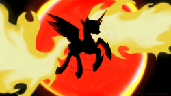 Size: 1280x720 | Tagged: safe, alternate version, artist:backstabbing scumbags, edit, edited screencap, imported from derpibooru, screencap, daybreaker, alicorn, pony, catasterism, floating, mane of fire, silhouette, solo, sun, transformation