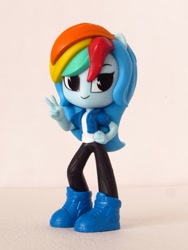 Size: 1000x1329 | Tagged: safe, artist:whatthehell!?, imported from derpibooru, rainbow dash, equestria girls, equestria girls series, clothes, doll, equestria girls minis, irl, jacket, pants, photo, shoes, shorts, smiley face, smiling, toy, ultra minis