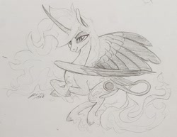 Size: 2471x1905 | Tagged: safe, artist:creeate97, imported from derpibooru, daybreaker, alicorn, classical unicorn, pony, cloven hooves, curved horn, female, grayscale, leonine tail, mare, monochrome, pencil drawing, signature, simple background, smiling, solo, traditional art, unshorn fetlocks, white background